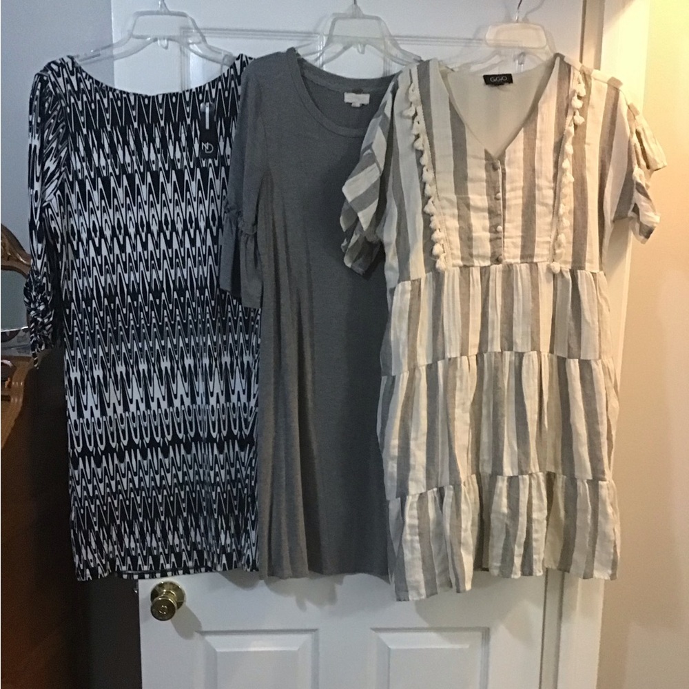 3 dresses- Cream and Gray dress,black and white, gray with ruffled sleeves.
